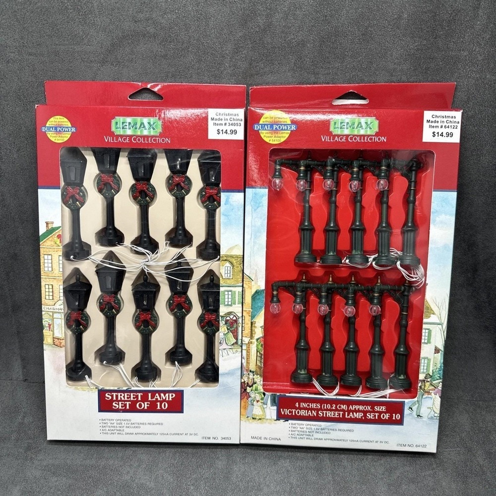 Vintage Lemax Village Collection VICTORIAN/WREATH STREET LAMPS 64122 & 34053